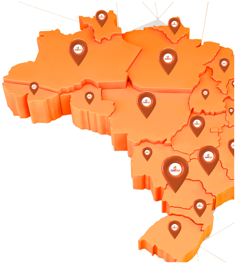 Mapa do Brasil com marcadores das unidades CredFácil